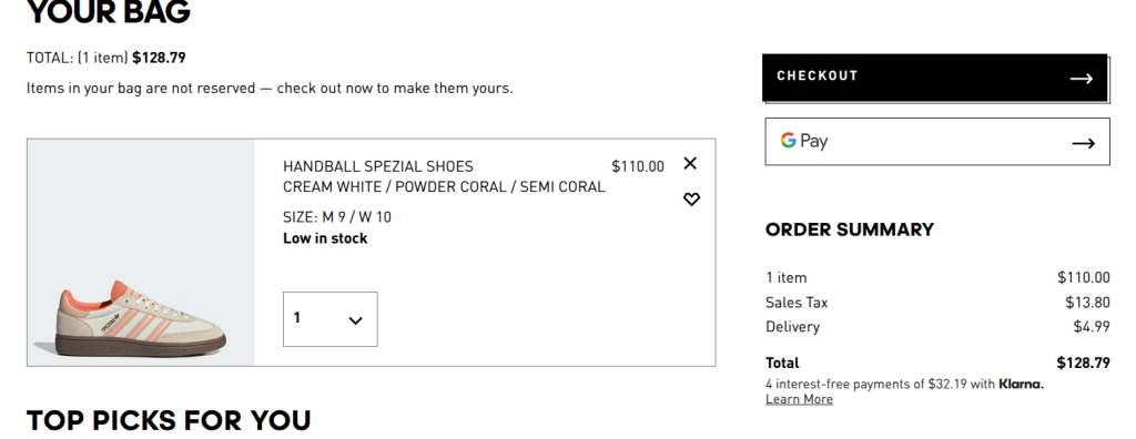 Example of reducing shopping cart abandonment by Adidas