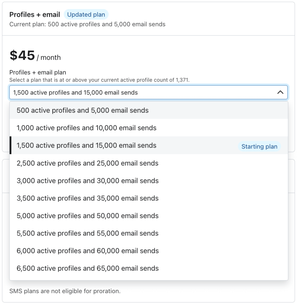 Klaviyo pricing plan based on active profiles and email sends.