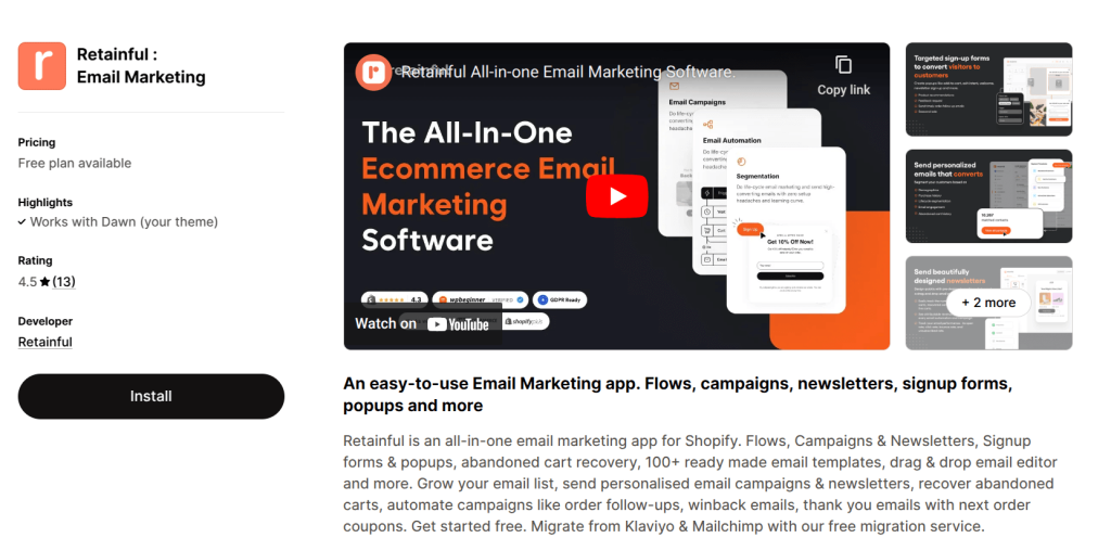 Retainful app as Shopify Email and Mailchimp alternative