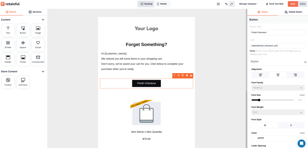 Retainful drag-and-drop email editor to edit Shopify email template