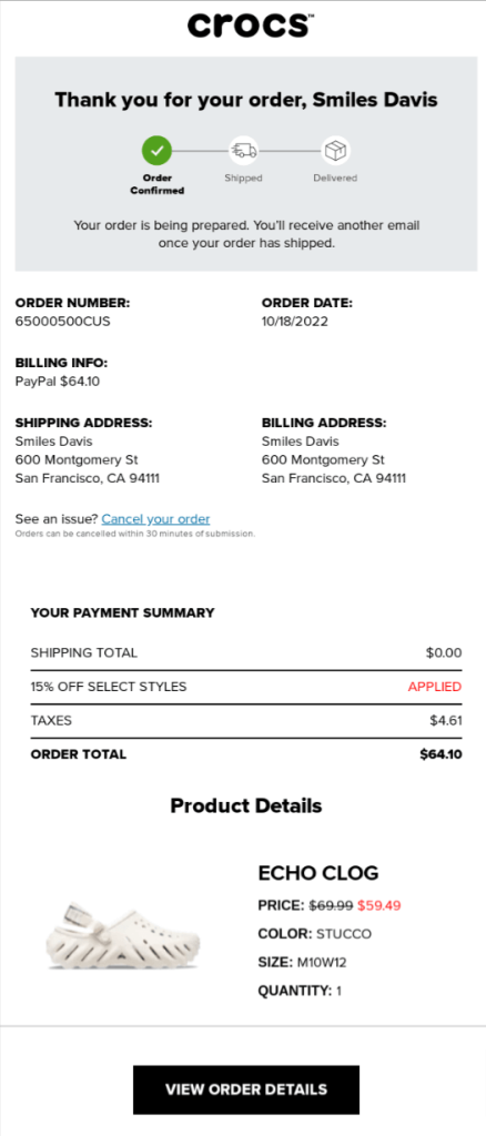 Shopify order confirmation email template