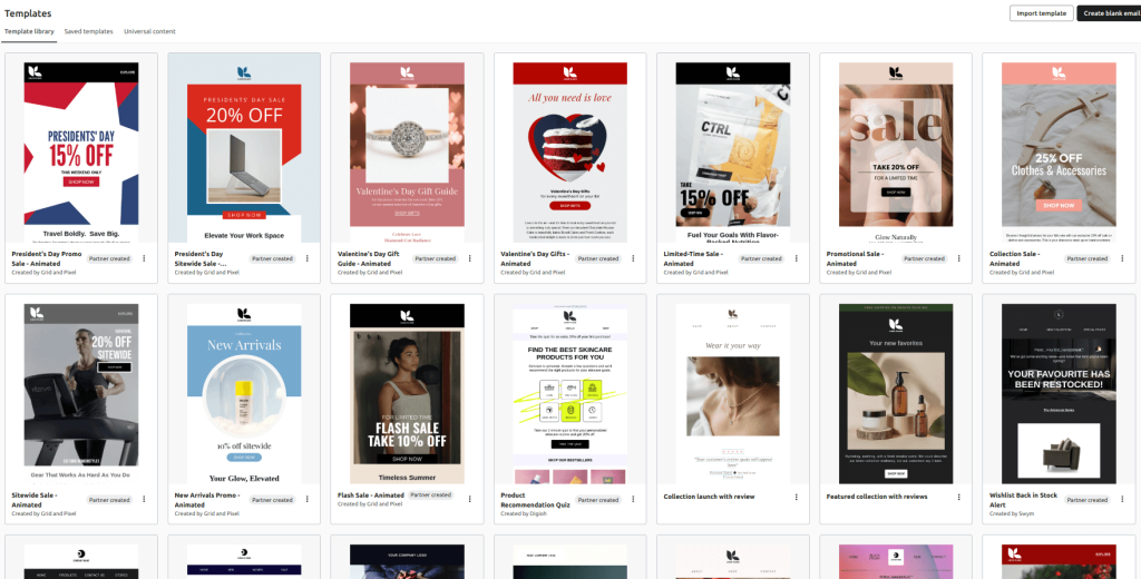 Email template library in Klaviyo.